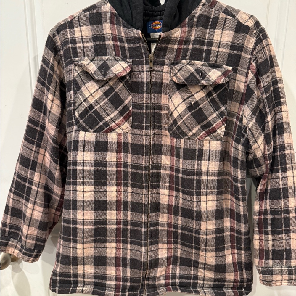 Dickies Black and Cream Plaid Zip-Up hooded Sweater size L streetwear Y2K